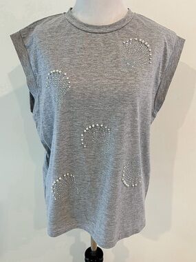 On 12th Gray Cap Sleeve Embellished Pearl and Rhinestone Shell Tee Shirt Sz XL